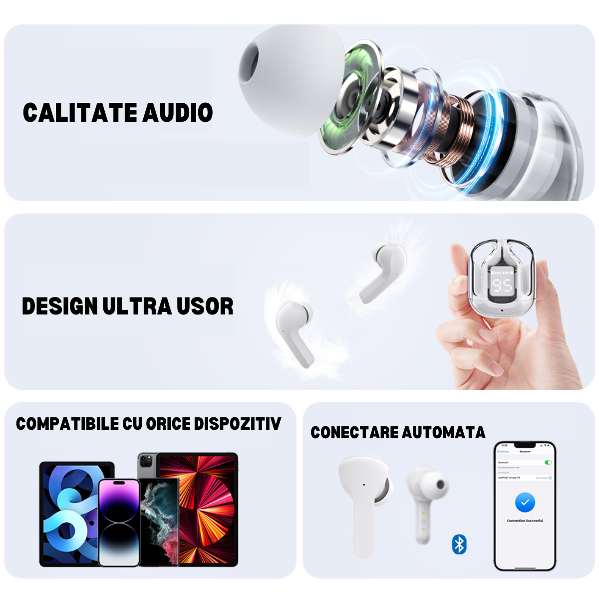 Wireless In-Ear Headphones, Touch Control, Bluetooth 5.3, LED Digital Display, Noise Cancellation, Magnetic Case, Moisture and Dust Resistant, easyCTRL®, White 