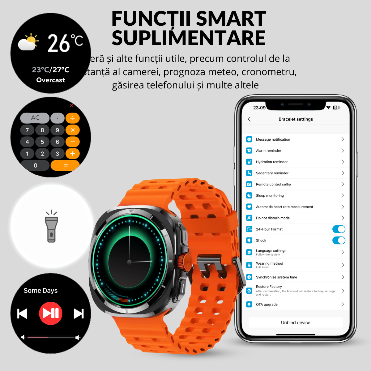 Ceas smartwatch de barbati, Ecran Tactil LCD 1.52", Apel Bluetooth, Multi Sport, Monitorizare Sanatate, Portocaliu, easyCTRL®