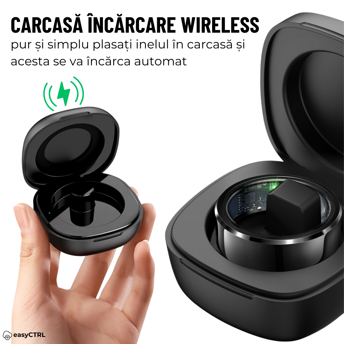 Inel Inteligent, Bluetooth, Cutie Incarcare Wireless, Monitorizeaza Pulsul, Oxigenul din Sange, Somnul, Temperatura, Tensiunea Arteriala, Stresul, Calorii, Distanta, Impermeabil IP68, Silver, easyCTRL®