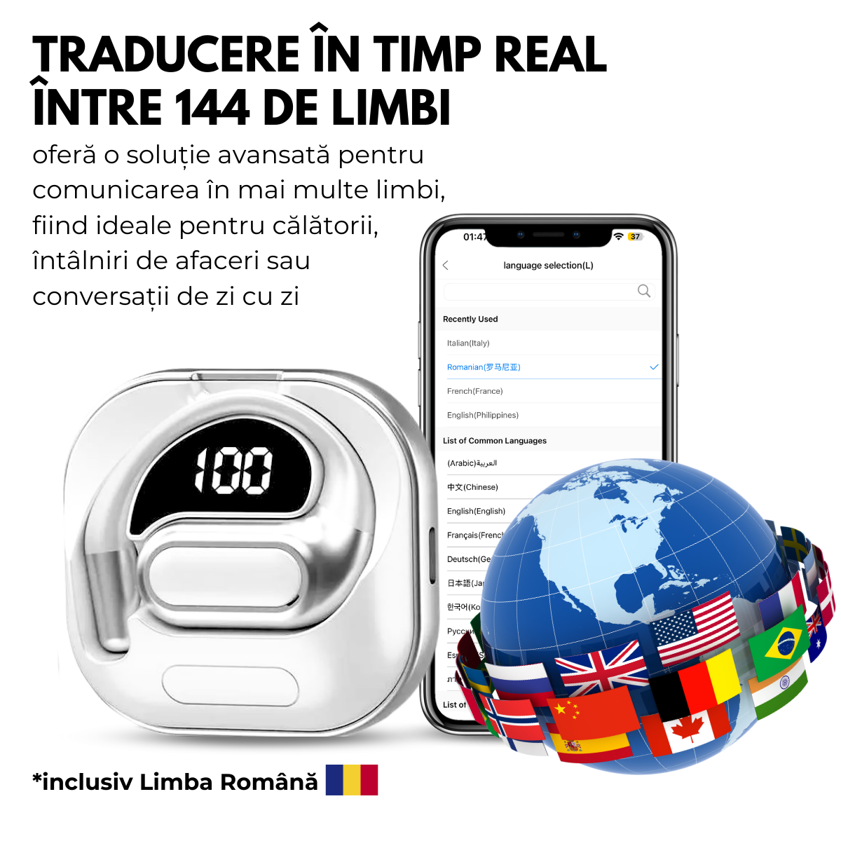 Casti cu Traducator pentru Conversatii in timp real, Open-Ear, 144 Limbi, Traducere Foto, Bluetooth 5.4, Control tactil, Carcasa de incarcare, V80, Alb, easyCTRL®