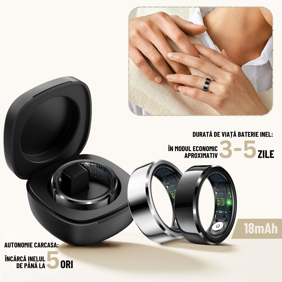 Inel Inteligent, Bluetooth, Cutie Incarcare Wireless, Monitorizeaza Pulsul, Oxigenul din Sange, Somnul, Temperatura, Tensiunea Arteriala, Stresul, Calorii, Distanta, Impermeabil IP68, Silver, easyCTRL®