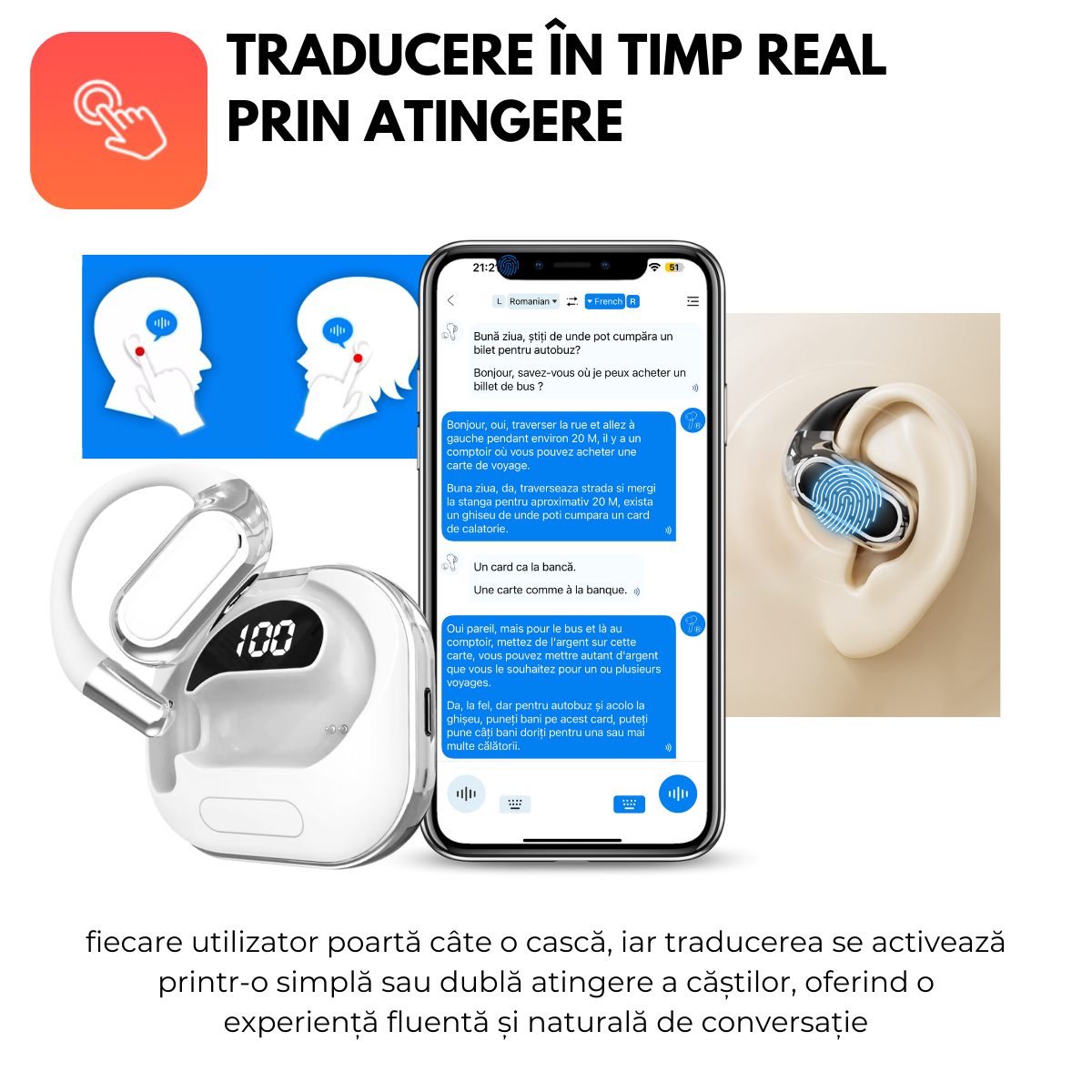 Casti cu Traducator pentru Conversatii in timp real, Open-Ear, 144 Limbi, Traducere Foto, Bluetooth 5.4, Control tactil, Carcasa de incarcare, V80, Alb, easyCTRL®