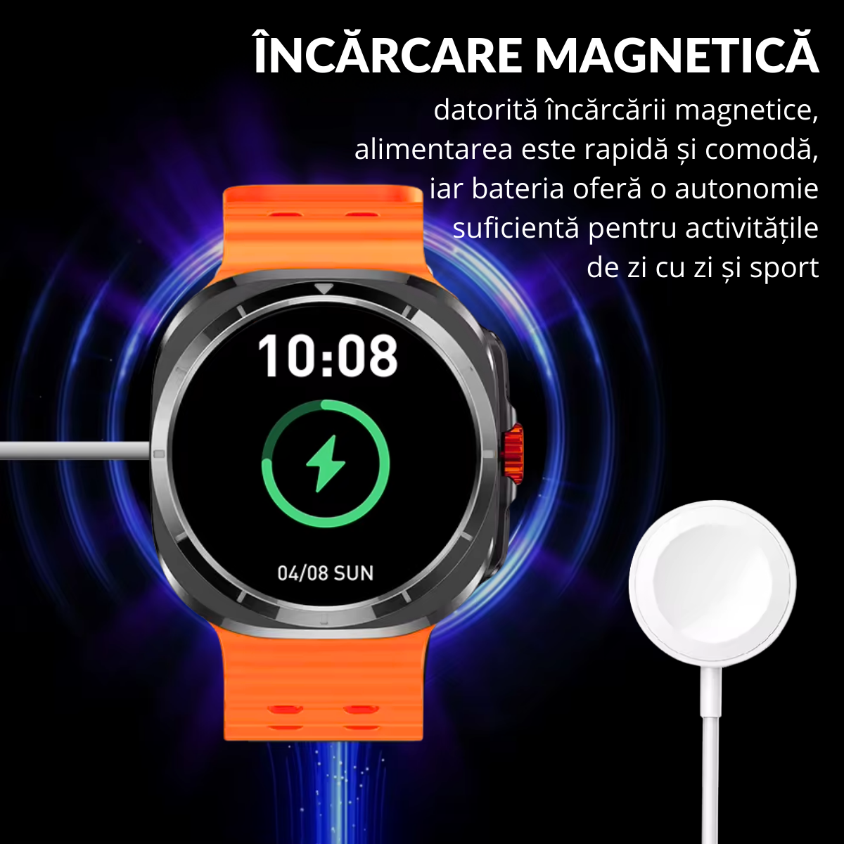 Ceas smartwatch de barbati, Ecran Tactil LCD 1.52", Apel Bluetooth, Multi Sport, Monitorizare Sanatate, Portocaliu, easyCTRL®