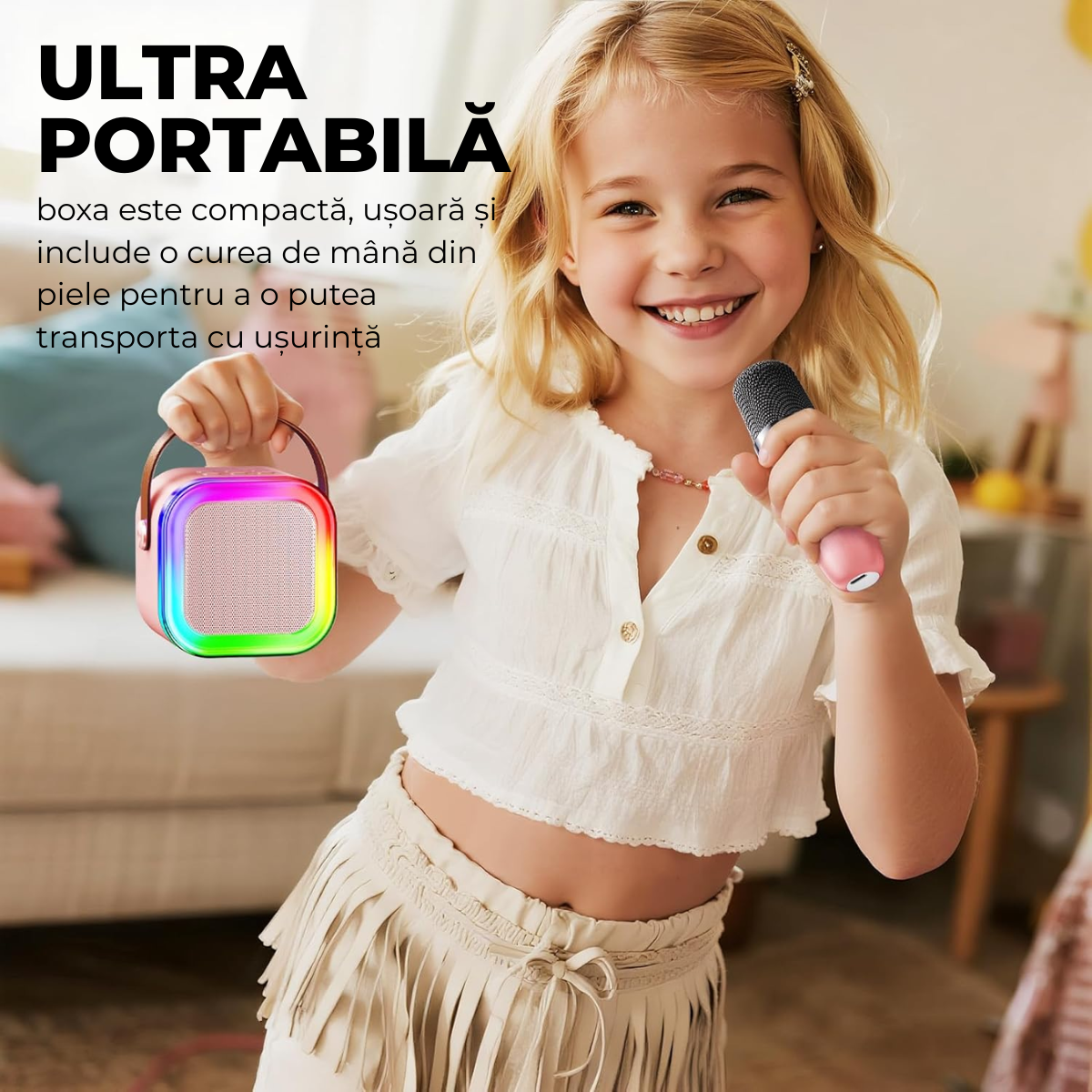 Set Karaoke cu Boxa Bluetooth si 2 Microfoane Wireless, Lumini LED RGB Dinamice, Incarcare Type-C, Port AUX, Slot Card TF, Roz, easyCTRL®