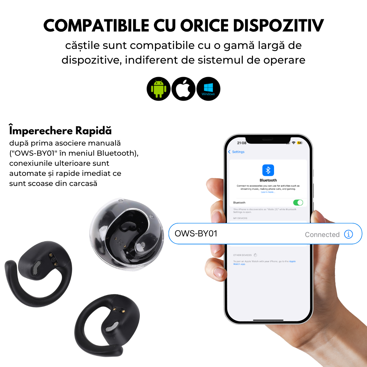 Casti cu Traducator pentru Conversatii in timp real, Open-Ear, 139 Limbi, Bluetooth 5.4, Control tactil, Carcasa de incarcare, Negru, T2, easyCTRL®