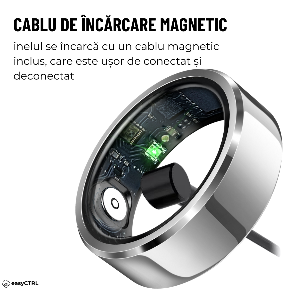 Inel Inteligent, Bluetooth, Cutie Incarcare Wireless, Monitorizeaza Pulsul, Oxigenul din Sange, Somnul, Temperatura, Tensiunea Arteriala, Stresul, Calorii, Distanta, Impermeabil IP68, Silver, easyCTRL®