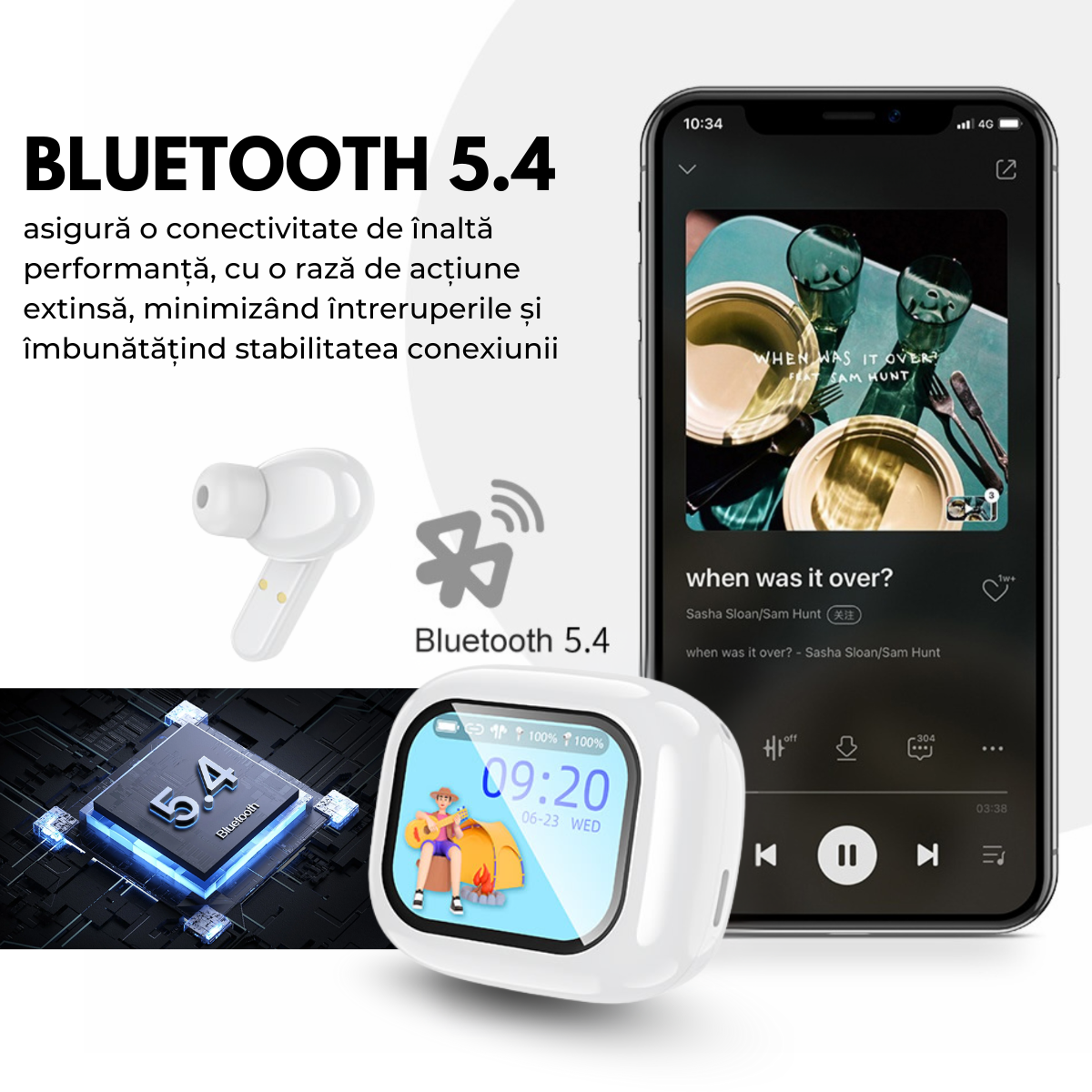 Casti cu Traducator pentru Conversatii in timp real, 144 Limbi, Traducere Foto, Carcasa incarcare cu Touch Screen, Bluetooth 5.4, Control tactil, T7, Alb, easyCTRL®