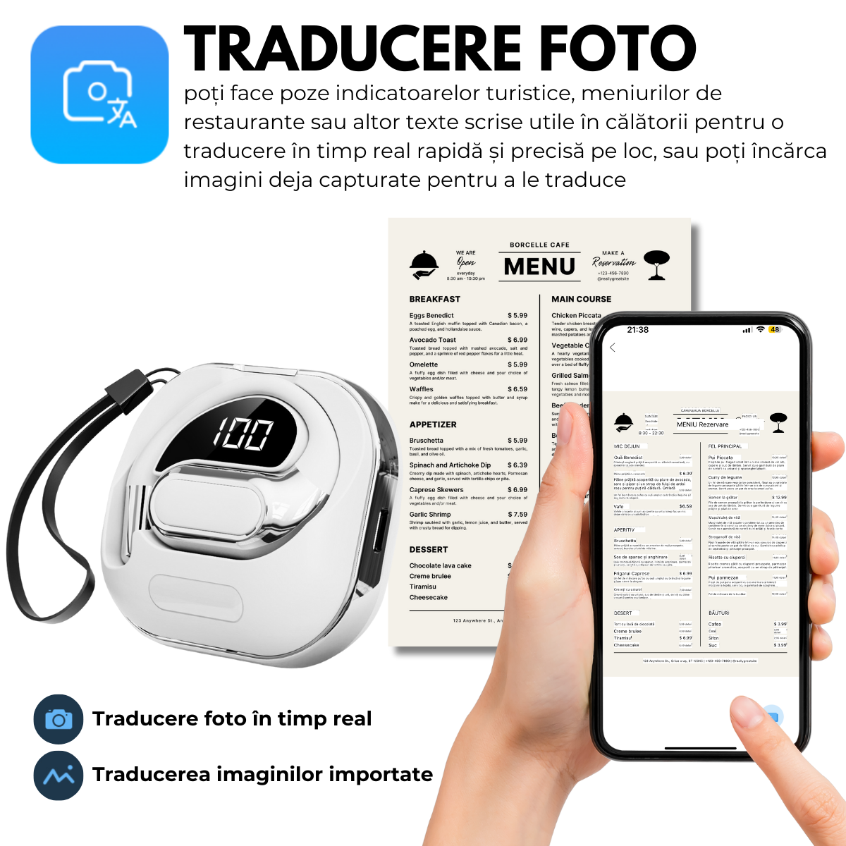 Casti cu Traducator pentru Conversatii in timp real, Open-Ear, 144 Limbi, Traducere Foto, Bluetooth 5.4, Control tactil, Carcasa de incarcare, V80, Alb, easyCTRL®