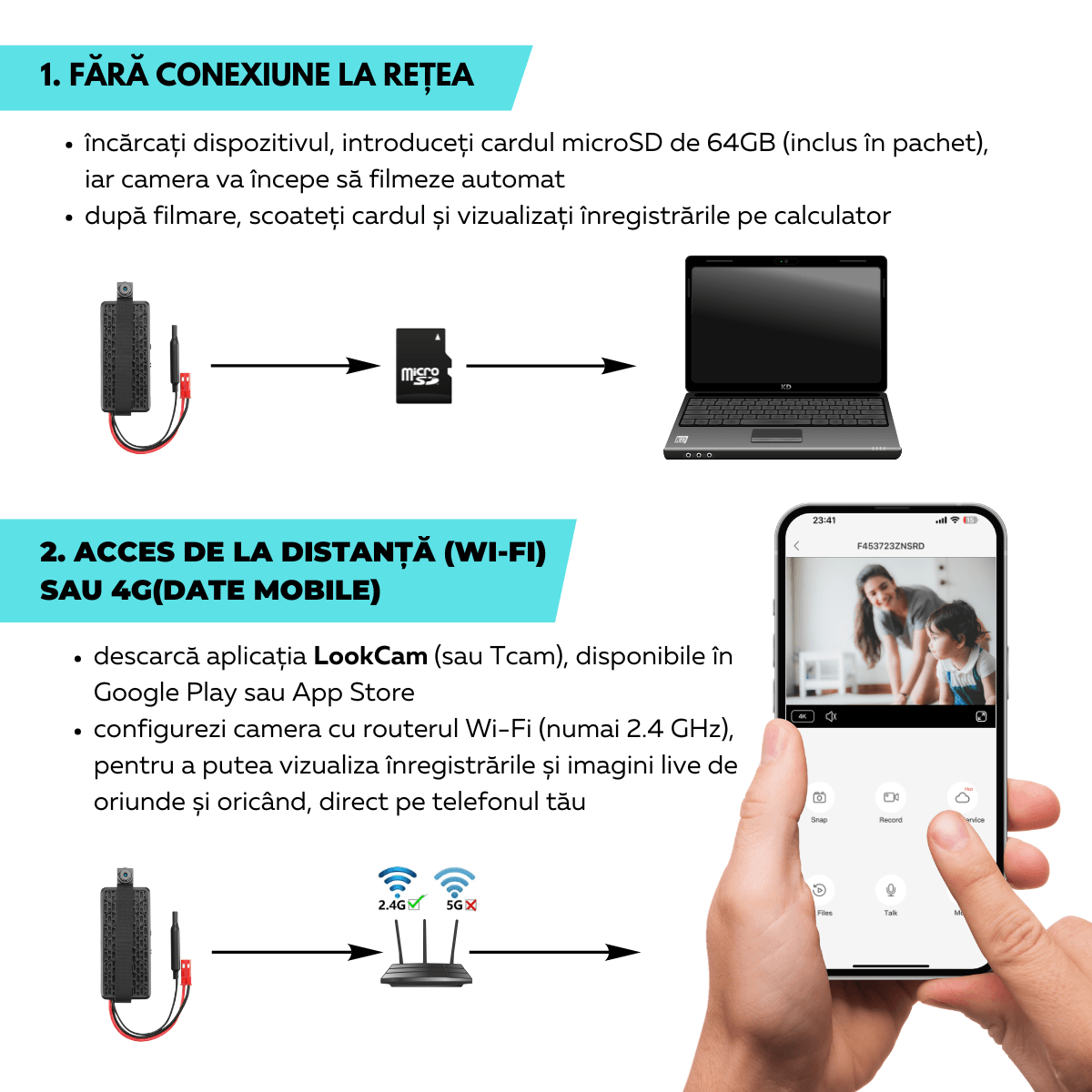 Modul Mini Camera Spion, Wi-Fi, Full HD, 64GB, Accesorii Nasturi, Detectare micare, Monitorizare video in timp real, easyCTRL®