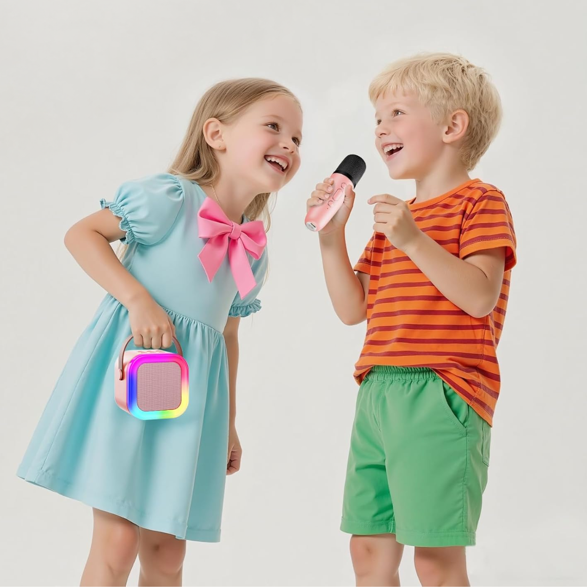 Set Karaoke cu Boxa Bluetooth si 2 Microfoane Wireless, Lumini LED RGB Dinamice, Incarcare Type-C, Port AUX, Slot Card TF, Roz, easyCTRL®