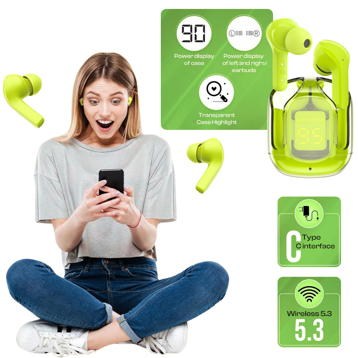 Wireless In-Ear Headphones, Touch Control, Bluetooth 5.3, LED Digital Display, Noise Cancellation, Magnetic Case, Moisture and Dust Resistance, easyCTRL®, Green 