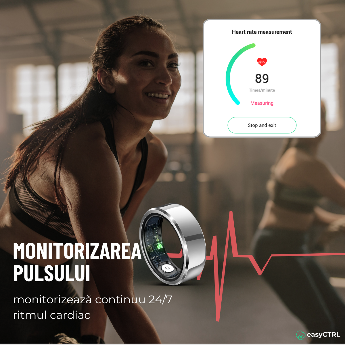 Inel Inteligent, Bluetooth, Cutie Incarcare Wireless, Monitorizeaza Pulsul, Oxigenul din Sange, Somnul, Temperatura, Tensiunea Arteriala, Stresul, Calorii, Distanta, Impermeabil IP68, Silver, easyCTRL®