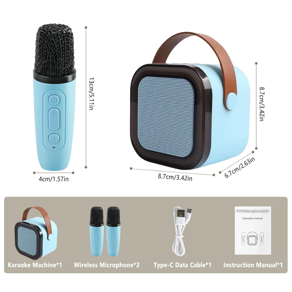 Set Karaoke cu Boxa Bluetooth si 2 Microfoane Wireless, Lumini LED RGB Dinamice, Incarcare Type-C, Port AUX, Slot Card TF, Bleu, easyCTRL®