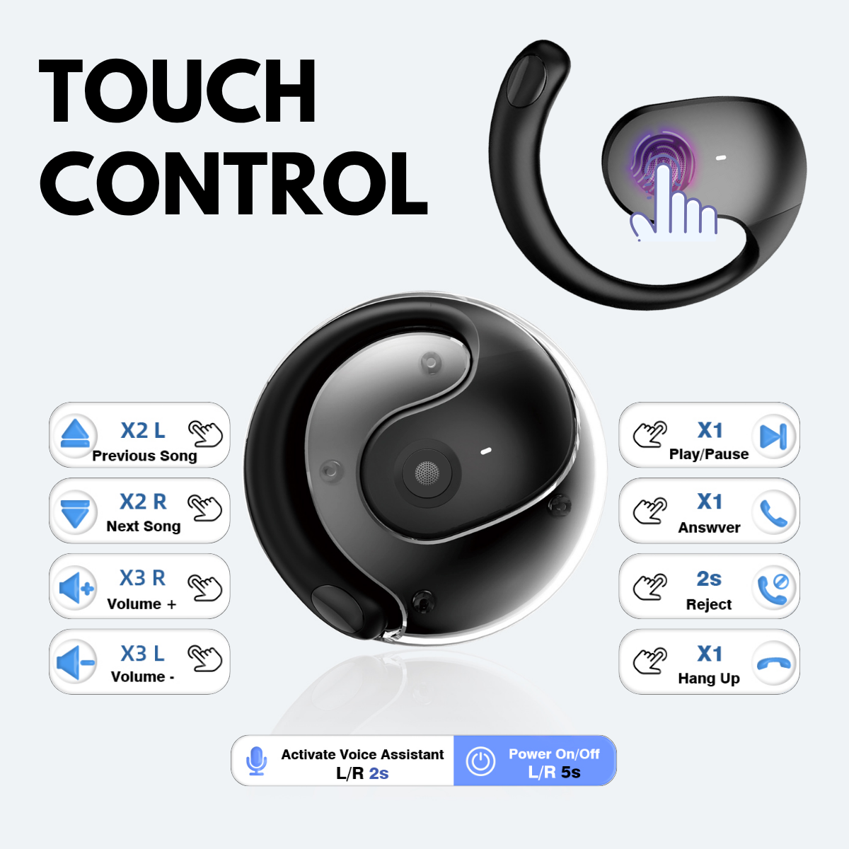 Casti cu Traducator pentru Conversatii in timp real, Open-Ear, 139 Limbi, Bluetooth 5.4, Control tactil, Carcasa de incarcare, Negru, T2, easyCTRL®