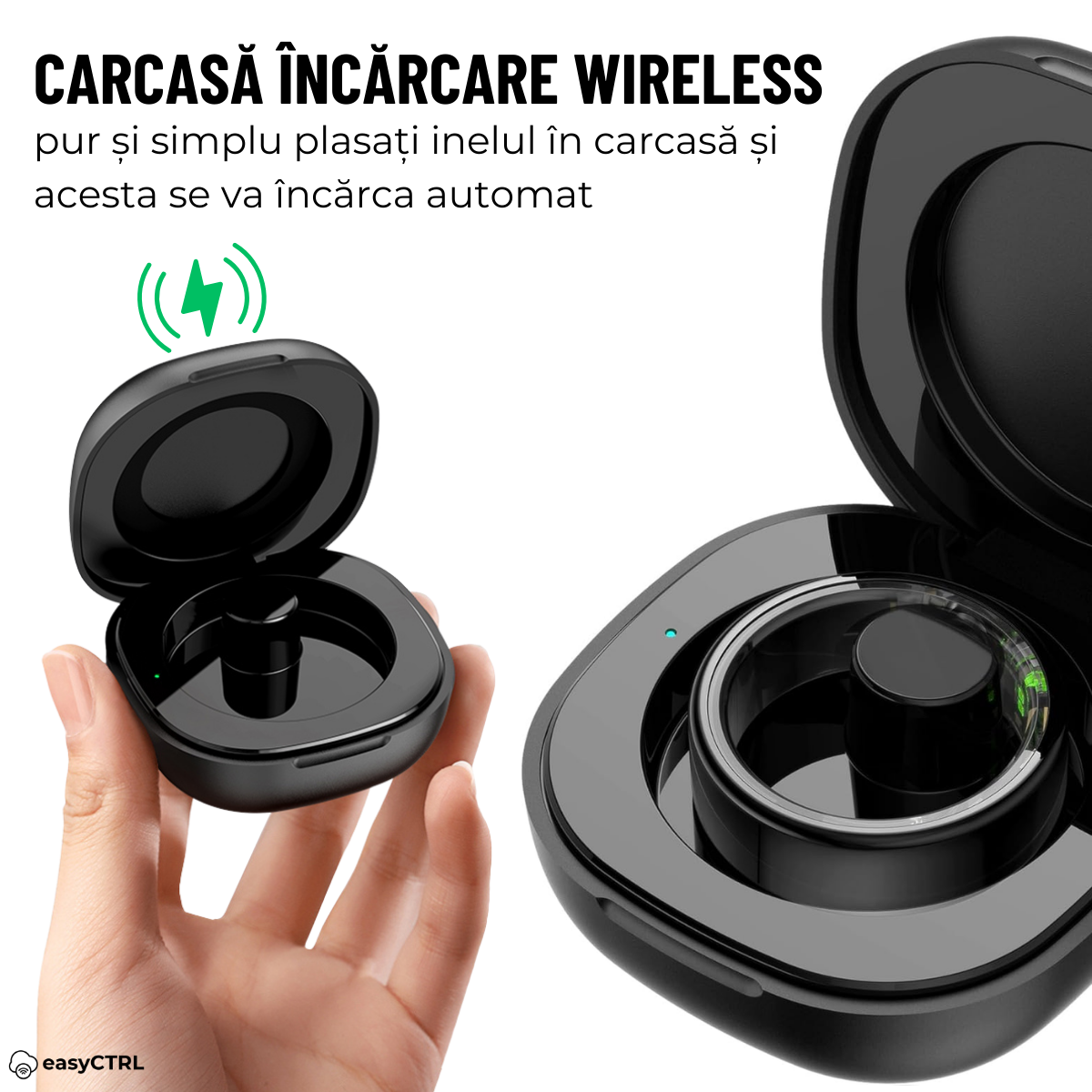 Inel Inteligent, Bluetooth, Cutie Incarcare Wireless, Monitorizeaza Pulsul, Oxigenul din Sange, Somnul, Calorii, Impermeabil IP68, Black, easyCTRL®