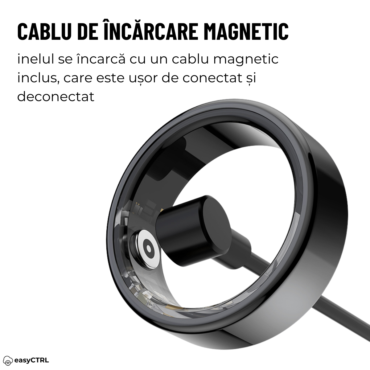 Inel Inteligent, Bluetooth, Cutie Incarcare Wireless, Monitorizeaza Pulsul, Oxigenul din Sange, Somnul, Calorii, Impermeabil IP68, Black, easyCTRL®