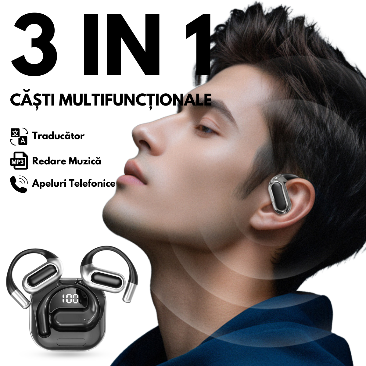 Casti cu Traducator pentru Conversatii in timp real, Open-Ear, 144 Limbi, Traducere Foto, Bluetooth 5.4, Control tactil, Carcasa de incarcare, V80, Negru, easyCTRL®