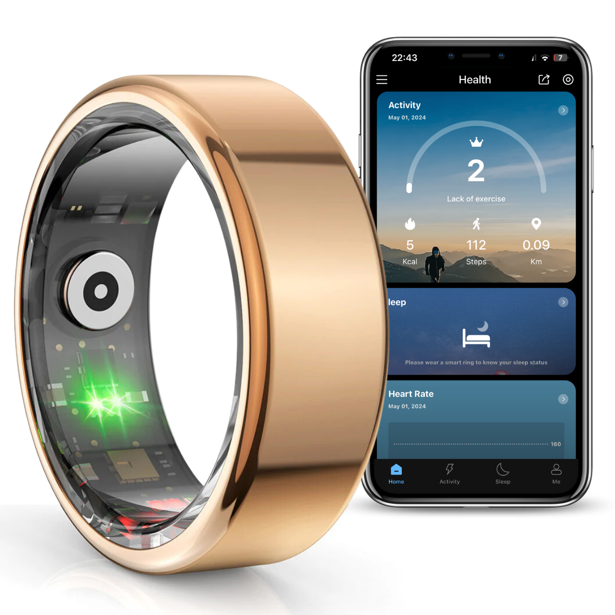 Smart Ring, Bluetooth, Wireless Charging Box, Monitors Pulse, Blood Oxygen, Sleep, Calories, Waterproof IP68, Gold, easyCTRL®