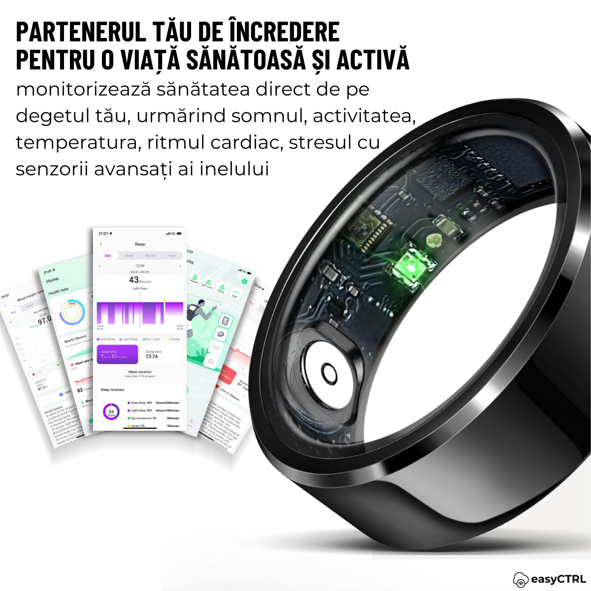 Smart Ring, Bluetooth, Wireless Charging Box, Monitors Pulse, Blood Oxygen, Sleep, Temperature, Blood Pressure, Stress, Calories, Distance, Waterproof IP68, Black, easyCTRL®