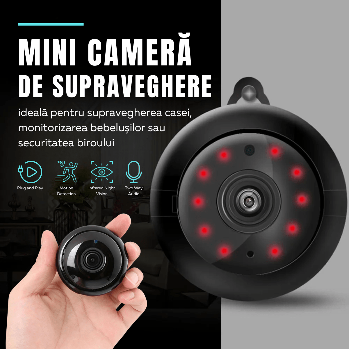 Mini Camera Ascunsa, Wi-Fi, Monitorizare video in timp real, Vedere nocturna, Detectare miscare, Q2, easyCTRL®