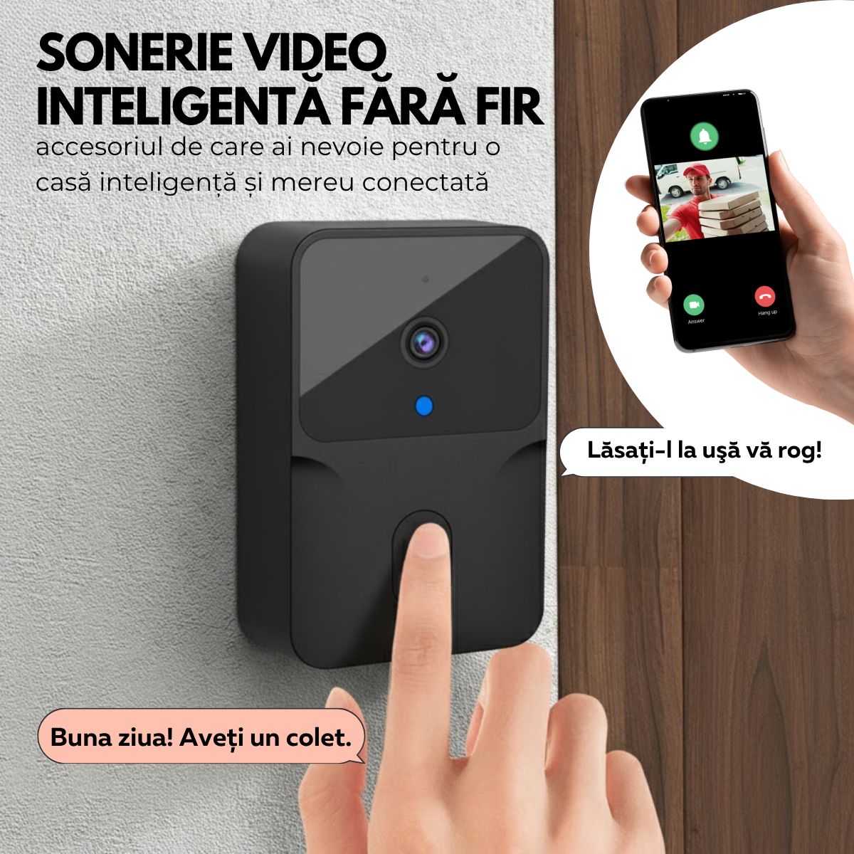 Sonerie Video Inteligenta, Fara Fir Wireless, Comunicare bidirectionala, Control de la distanta prin Aplicatie, Sonerie interior, Baterie Reincarcabila, 75°, Night Vision, easyCTRL®