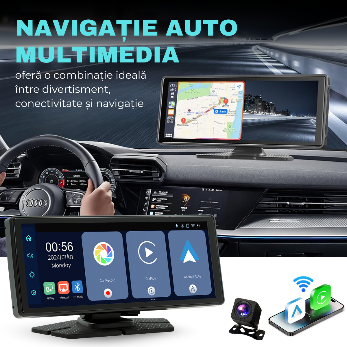 Navigatie Auto Android / Apple CarPlay, Multimedia, Universala, Camera Frontala Reglabila 4K, Ecran Tactil 10.26", Camera Marsarier, Mirrorcast, BT, FM, AUX, Split-Screen, easyCTRL®