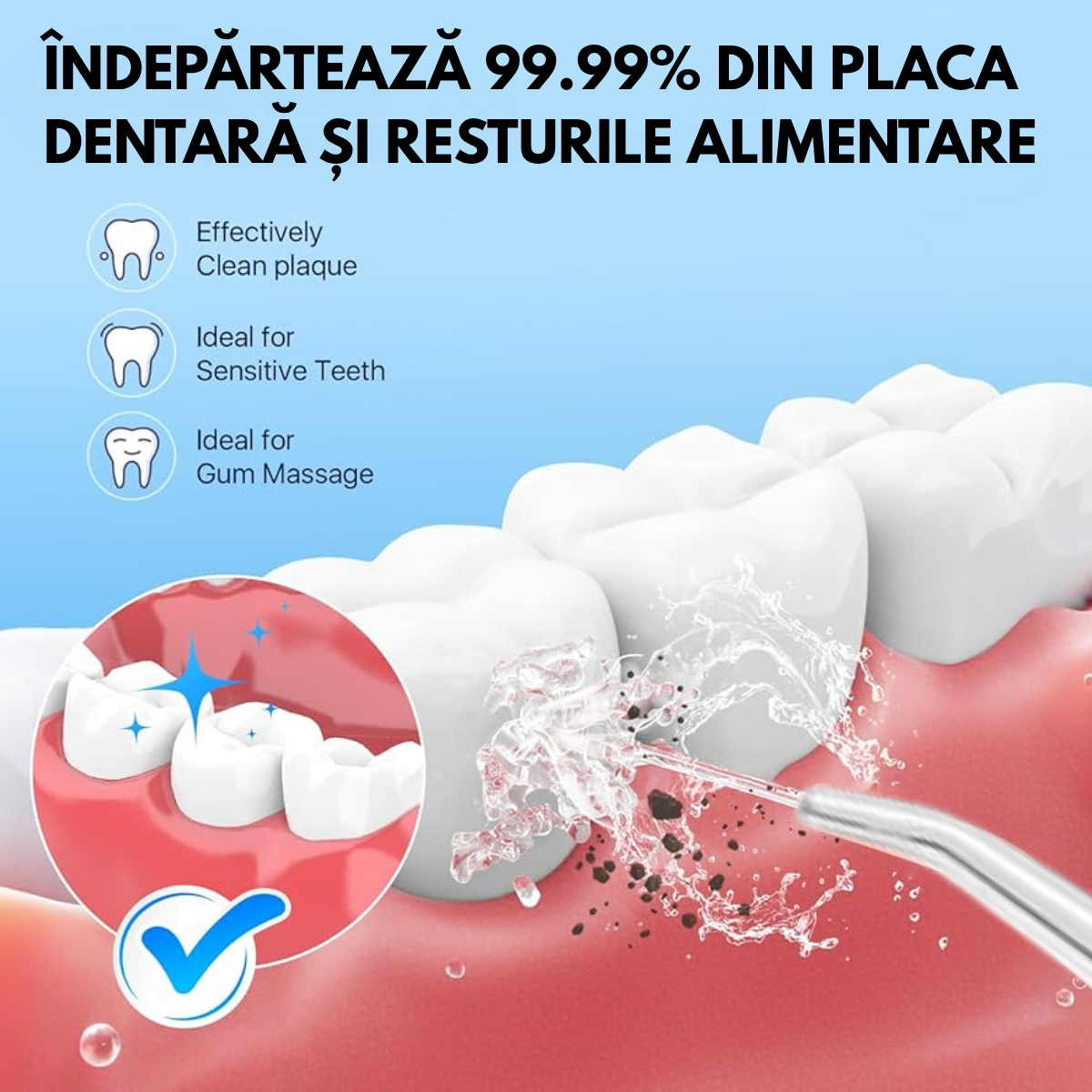 Irigator Oral Profesional, Dus Bucal Portabil, 4 Capete, 3 Moduri de Curatare, Rezervor 230ml, Alb