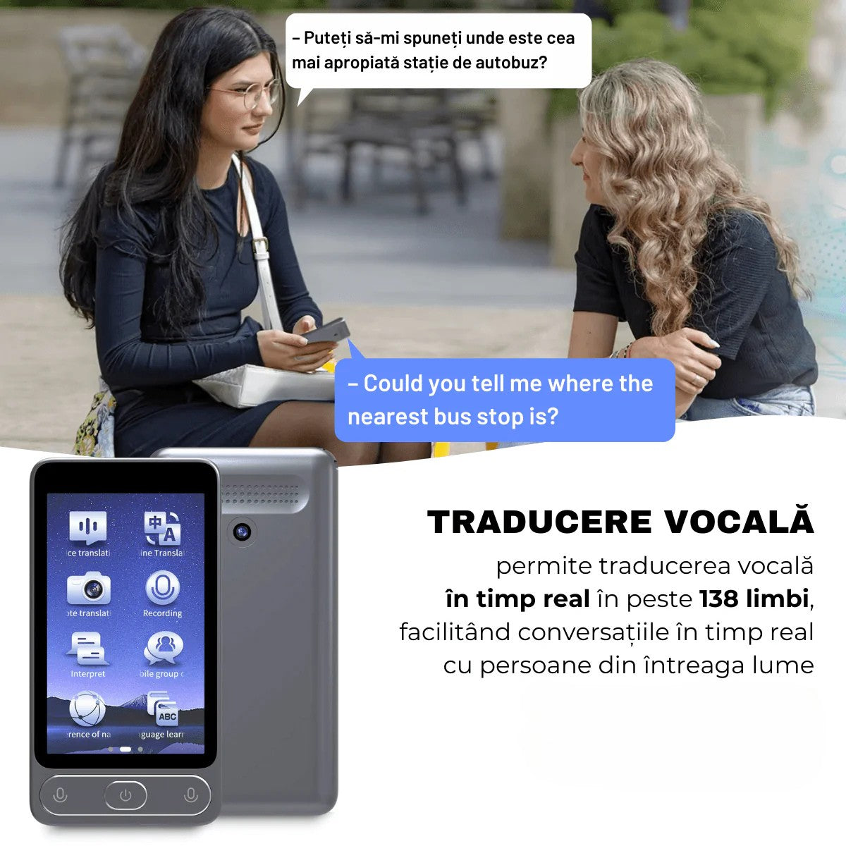 Translator with Artificial Intelligence (AI), 3.97 inch touch screen, Voice translation, Recorder, Dictionary, 138 Languages, easyCTRL® 