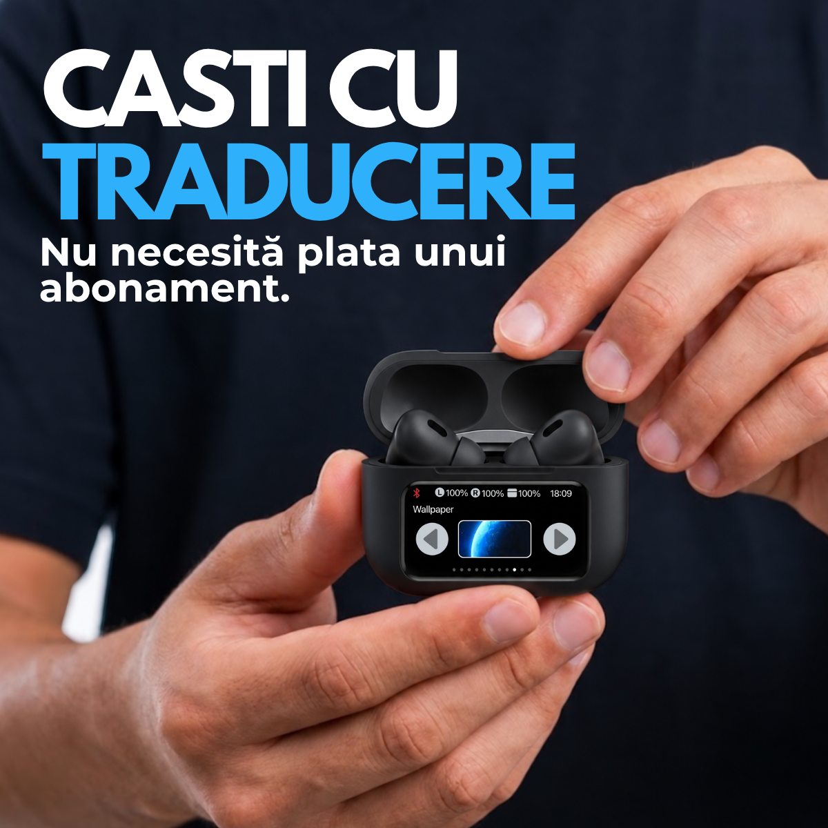 Casti cu Traducator pentru Conversatii in timp real, 151 Limbi Straine, Dialecte, Carcasa incarcare cu Touch Screen, Bluetooth 5.4, Control tactil, A9pro, Negru, easyCTRL®