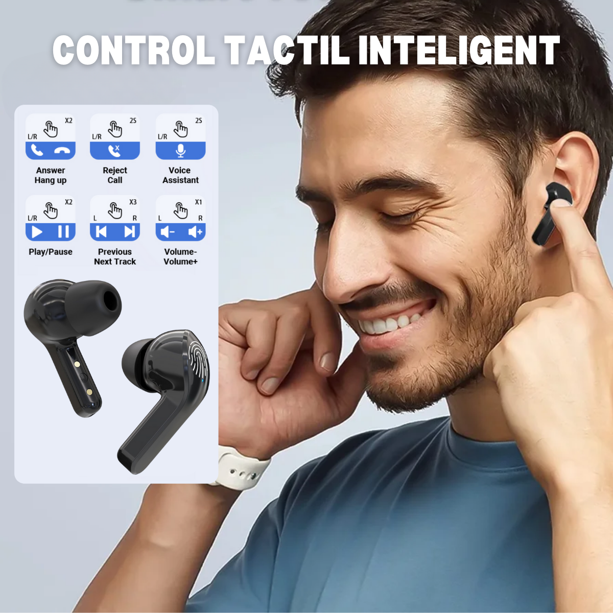 Wireless In-Ear Headphones, Touch Control, Bluetooth 5.3, LED Digital Display, Noise Cancellation, Magnetic Case, Moisture and Dust Resistant, easyCTRL®, Black 