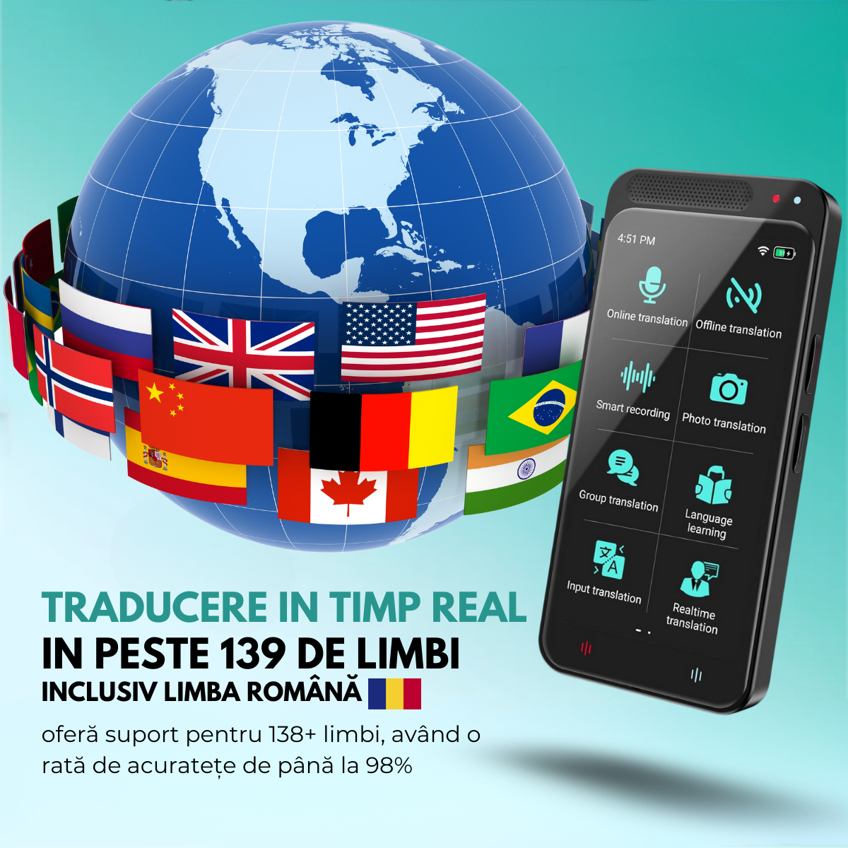 Traducator Inteligent M3 Pro, Asistent AI, Bluetooth, 139+ Limbi, Traducere Vocala, Traducere Foto, Traducere Inregistrari, Ecran tactil 4.1 inch, Schimb Valutar, 8GB, easyCTRL®