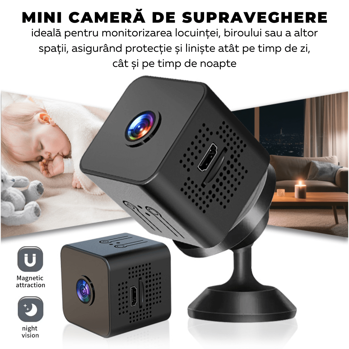 Mini Camera Ascunsa, Wi-Fi, Prindere magnetica, Suport rotativ 360°, Monitorizare video in timp real, Night Vision, Detectare miscare, X1, easyCTRL®