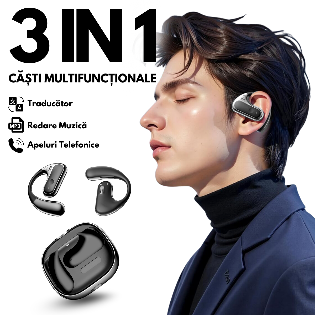 Casti cu Traducator pentru Conversatii in timp real, Constructie Metal, Open-Ear, 144 Limbi, Traducere Foto, Bluetooth 5.4, Control tactil, Carcasa de incarcare, S10, easyCTRL®