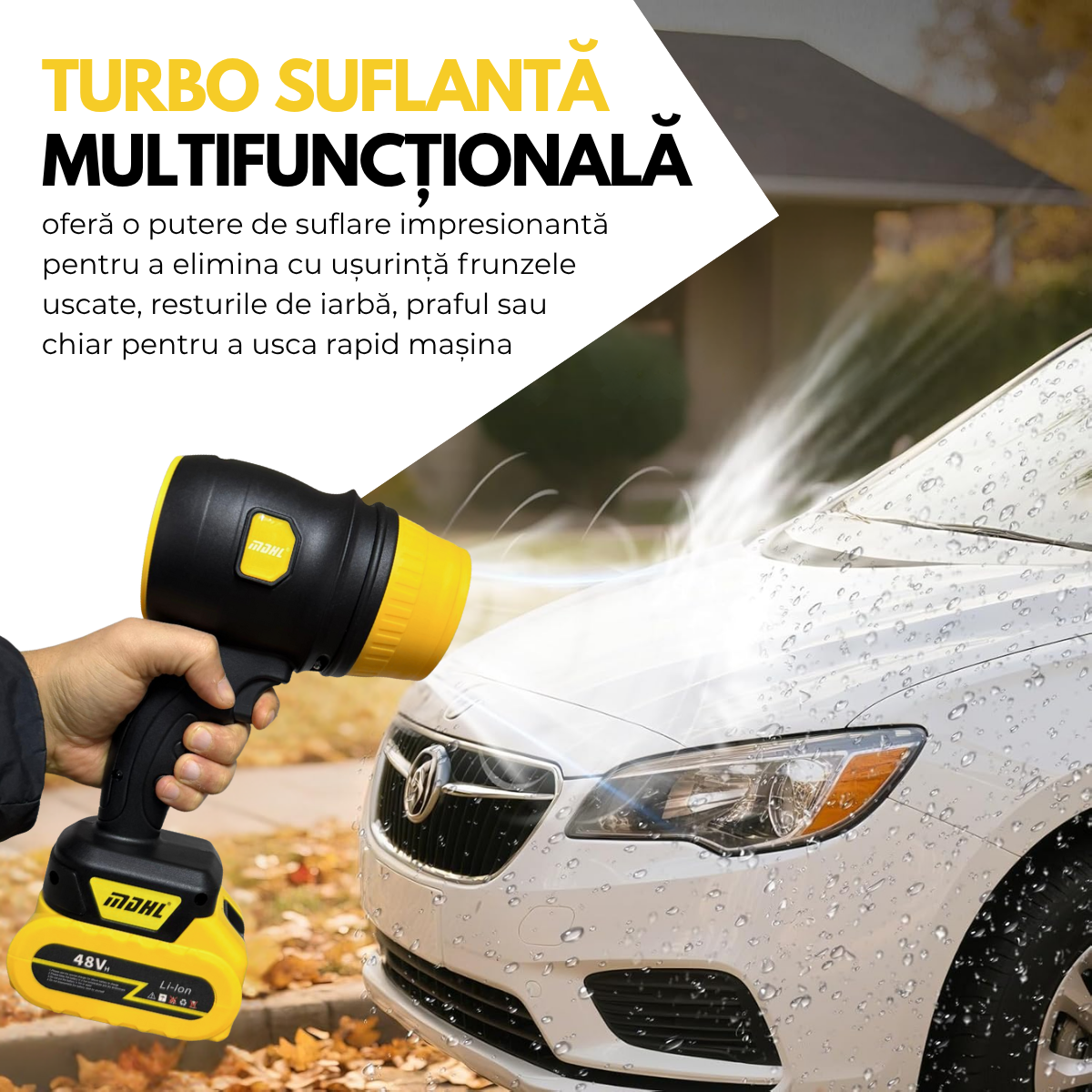 Suflanta Aer Turbo Multifunctionala, Portabila, 2 Acumulatori Li-Ion 48V, Viteza de Rotatie 34000 rpm, 1050W, Negru-Galben