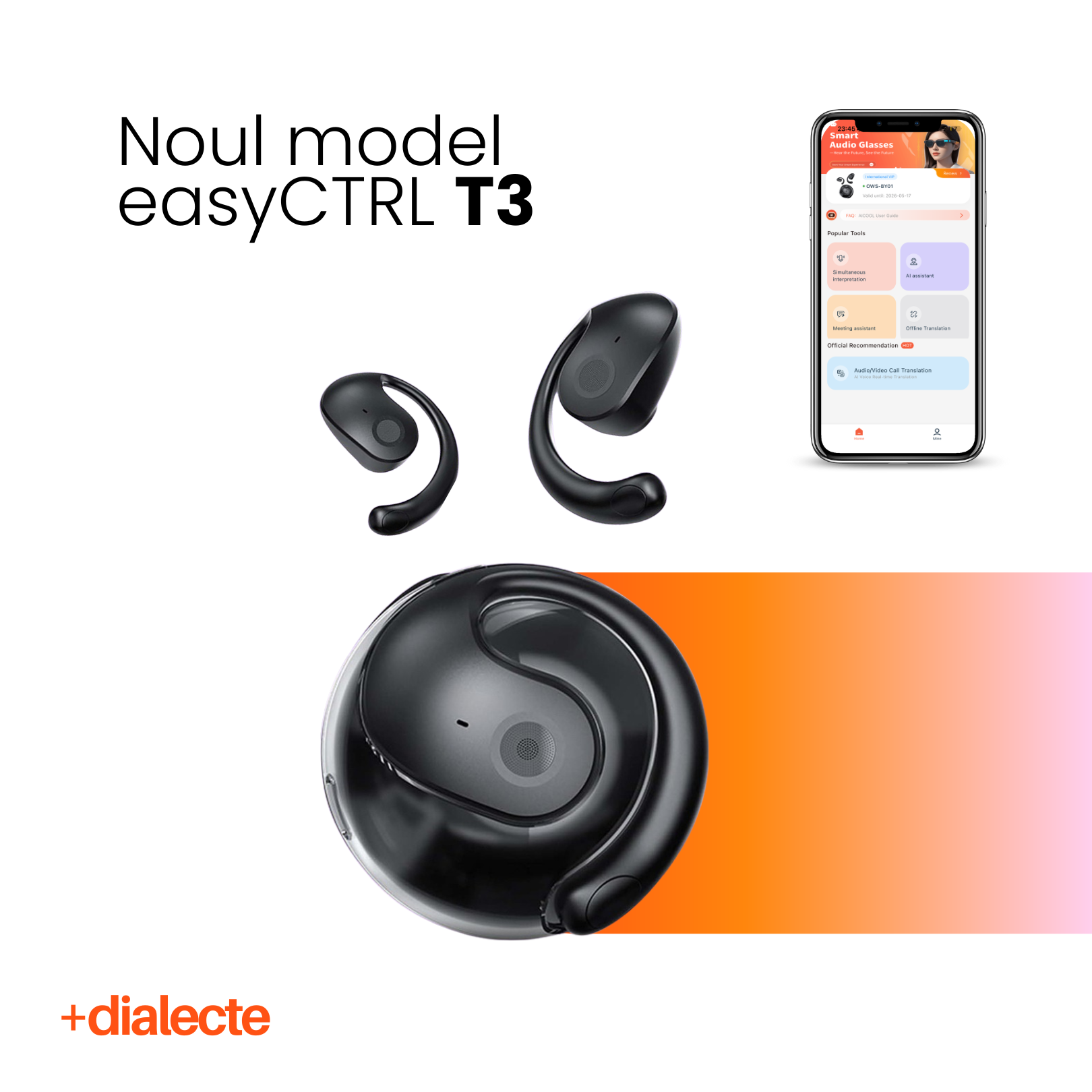 Casti cu Traducator pentru Conversatii in timp real, 144 Limbi, Dialecte, Bluetooth 5.4, Control tactil, T3, easyCTRL®