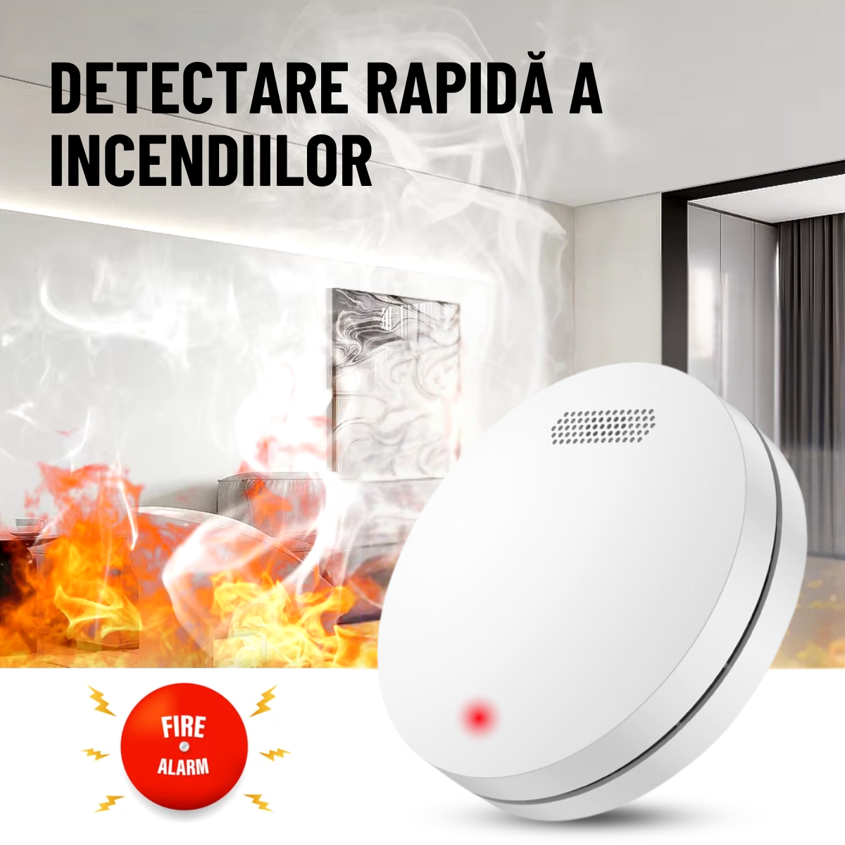 Detector de Fum, Avertizare Sonora si Luminoasa, Durata Viata Baterie 10 Ani, 85dB, easyCTRL®