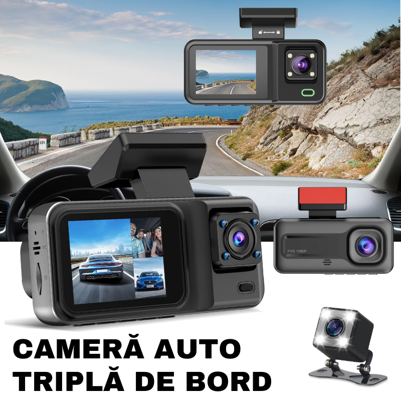 Camera Auto tripla de bord, Frontala / Interioara / Marsarier, DVR, Wi-Fi, Full HD, Night Vision, Unghi 170°, Mod Parcare, Senzor Miscare, Display 2", G-Senzor, Aplicatie dedicata, A98, easyCTRL®