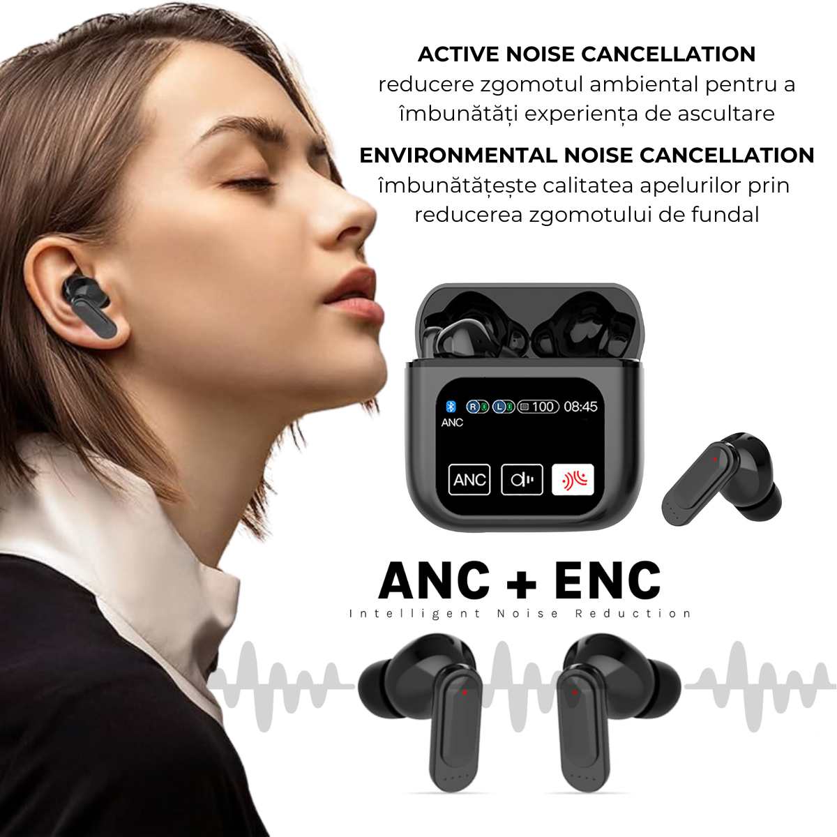 Casti Wireless In Ear, Carcasa cu Touch Screen, Bluetooth 5.4, Control Tactil, Anulare Zgomot ANC + ENC, easyCTRL®, Negru