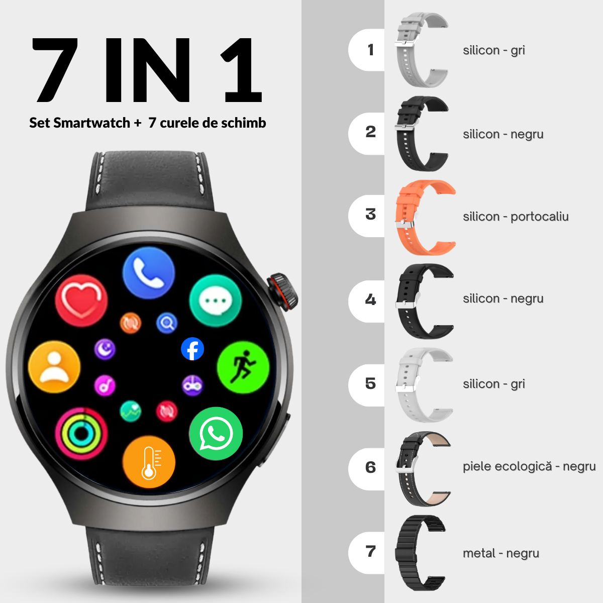 Set Smartwatch Barbati + 7 Curele, Quick Release, Ecran LCD 1.52", Control Tactil, Apel Bluetooth, Multi Sport, Monitorizare Sanatate, easyCTRL®