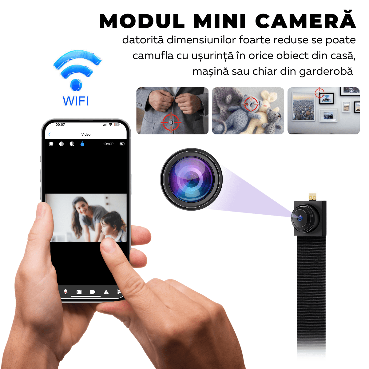 Modul Mini Camera Spion, Wi-Fi, Full HD, 64GB, Detectare micare, Monitorizare video in timp real, easyCTRL®