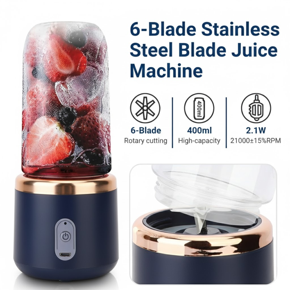 Mini Blender Portabil, 2 Recipiente, 400 ml, 6 Lame 3D, USB-C reincarcabil, 45W, Capac Inclus, Bleumarin, easyCTRL®