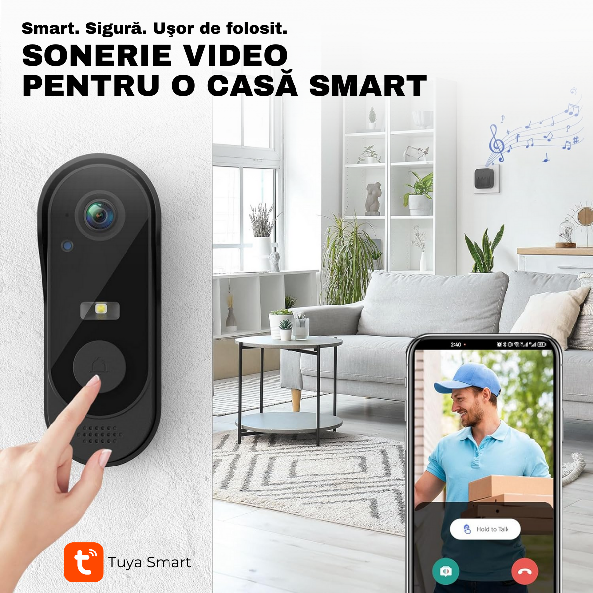 Sonerie Video Inteligenta, Fara Fir Wireless, IP65, Comunicare bidirectionala, Control la distanta prin APP Tuya Smart, Sonerie interior, 125°, Night Vision, easyCTRL®