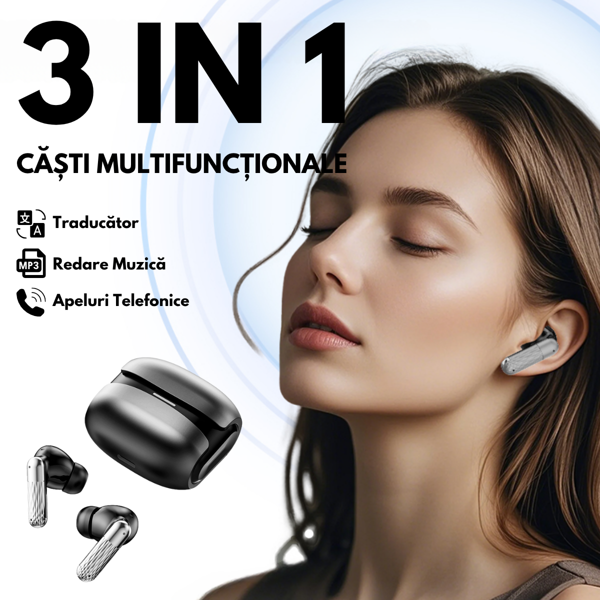 Casti cu Traducator pentru Conversatii in timp real, 144 Limbi, Metal, Traducere Foto, Bluetooth 5.4, Control tactil, Carcasa de incarcare, K505, easyCTRL®