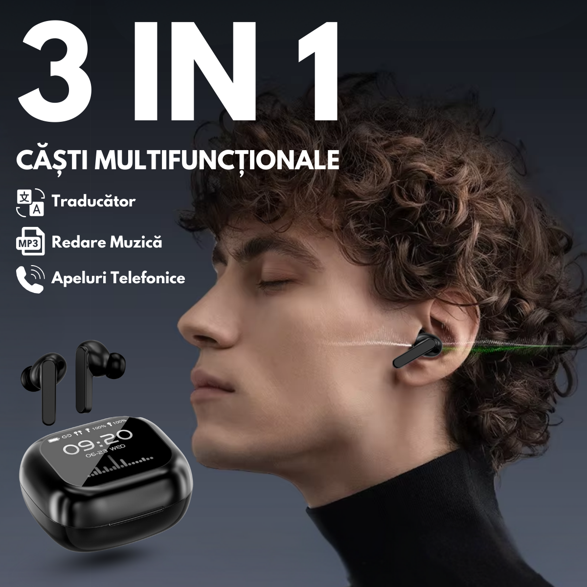 Casti cu Traducator pentru Conversatii in timp real, 144 Limbi, Traducere Foto, Carcasa incarcare cu Touch Screen, Bluetooth 5.4, Control tactil, T7, Negru, easyCTRL®