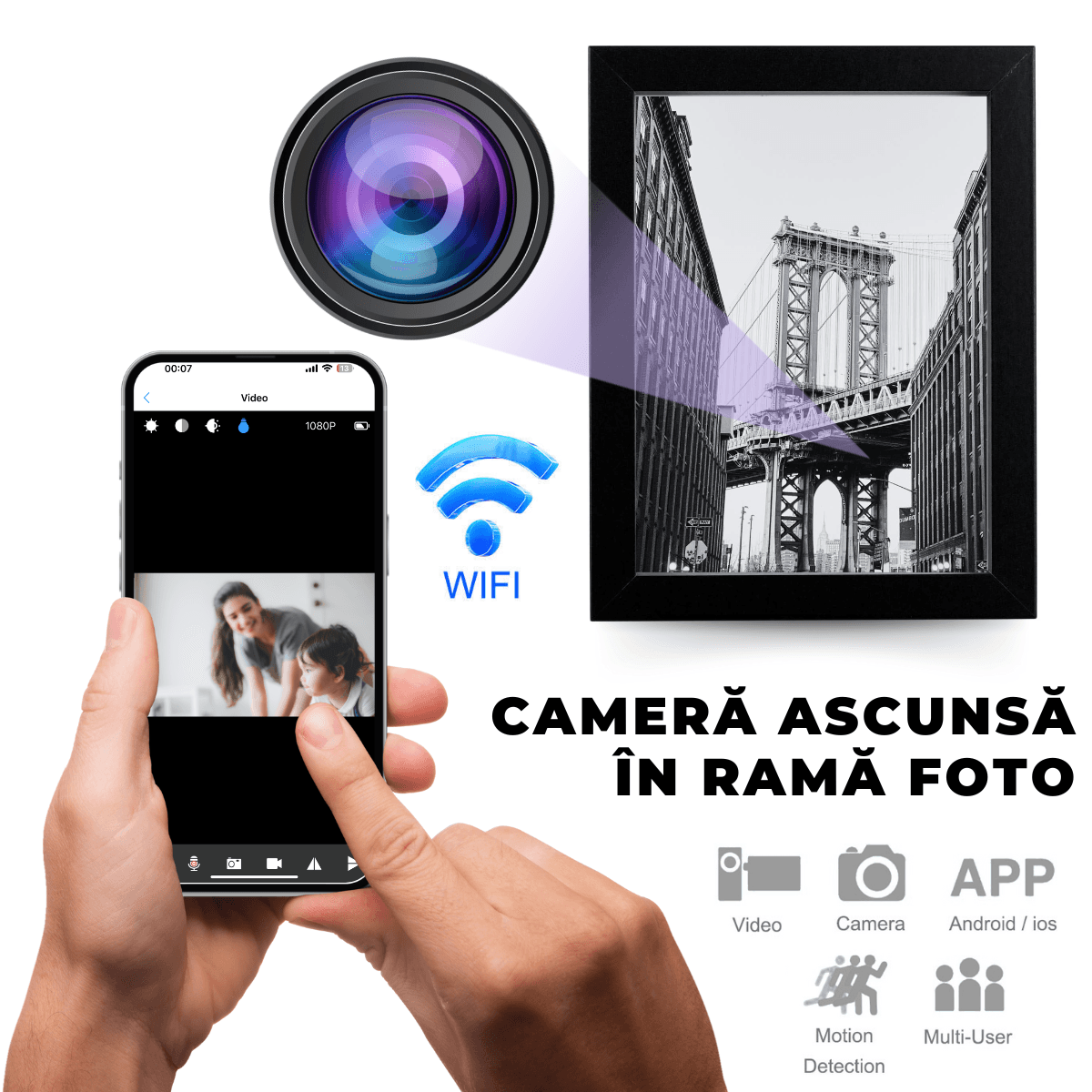 Camera Spion ascunsa in Rama Foto, Wi-Fi, Full HD, 64GB, Detectare micare, Monitorizare video in timp real, easyCTRL®