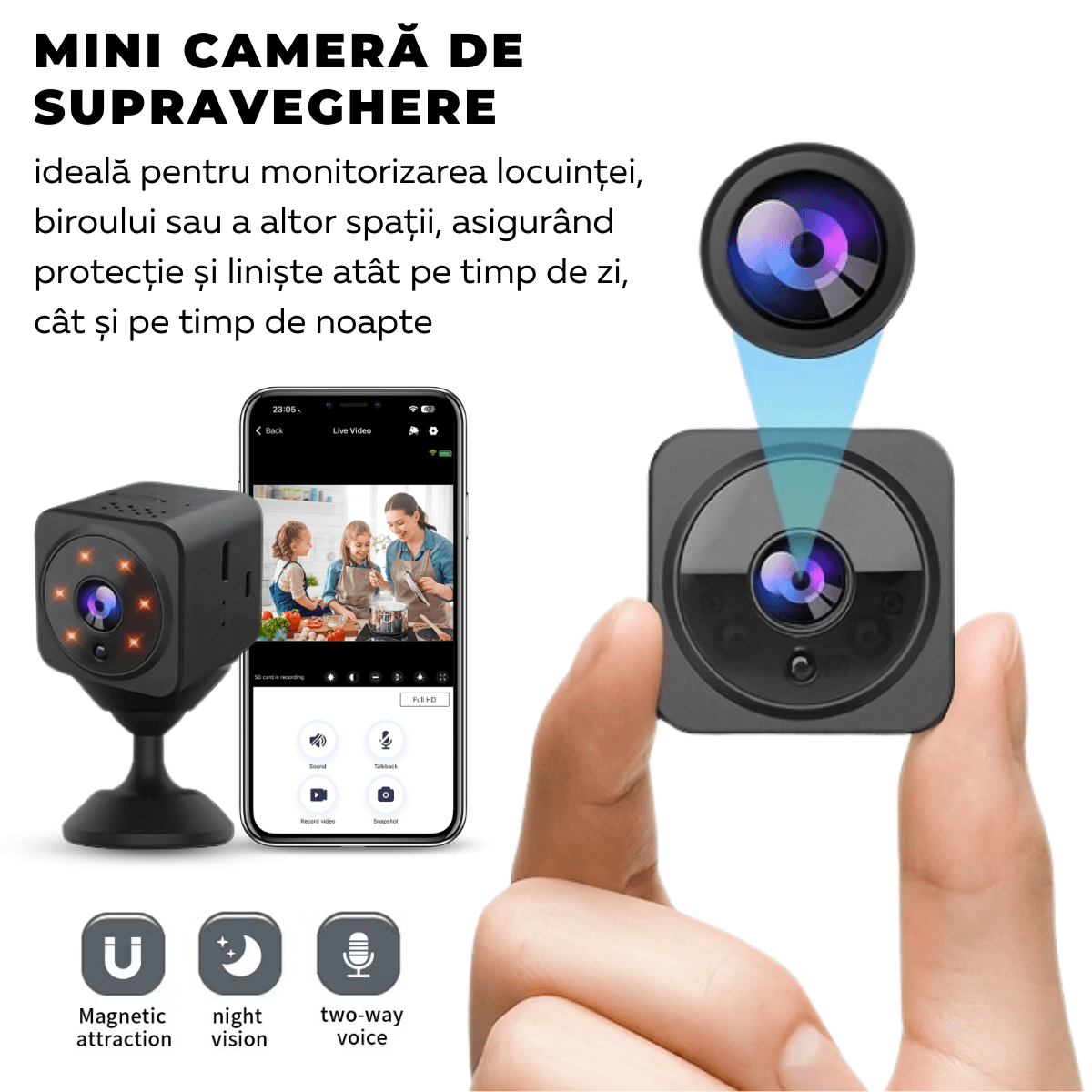 Mini Camera Ascunsa, Wi-Fi, Prindere magnetica, Suport rotativ 360°, Monitorizare video in timp real, Night Vision, Detectare miscare, AS02, easyCTRL®