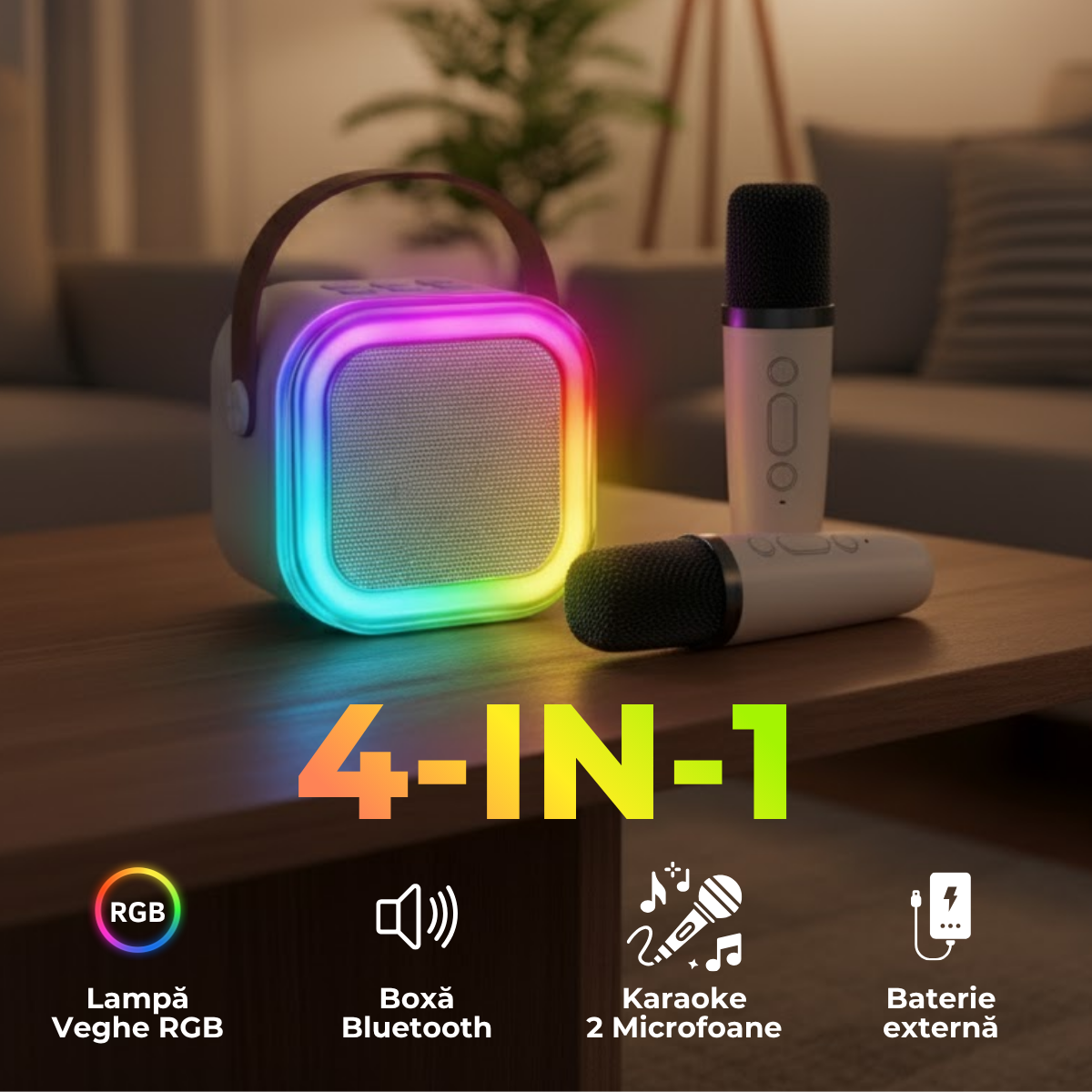 Set Karaoke cu Boxa Bluetooth si 2 Microfoane Wireless, Lumini LED RGB Dinamice, Incarcare Type-C, Port AUX, Slot Card TF, Crem, easyCTRL®