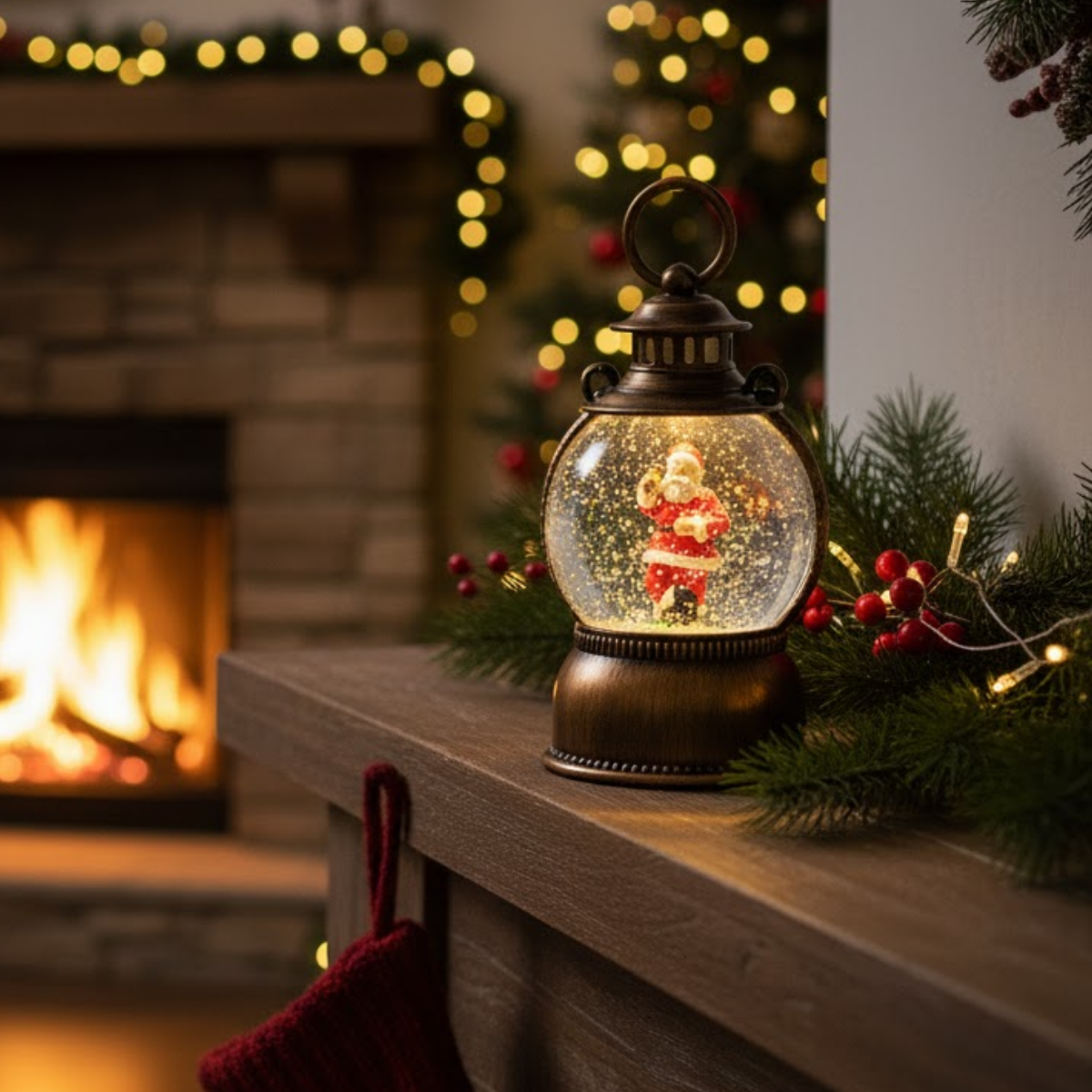 Felinar Decorativ Muzical, Mos Craciun, Glob 12cm, Iluminare LED calda, Zapada in Miscare, Alimentare USB/Baterii