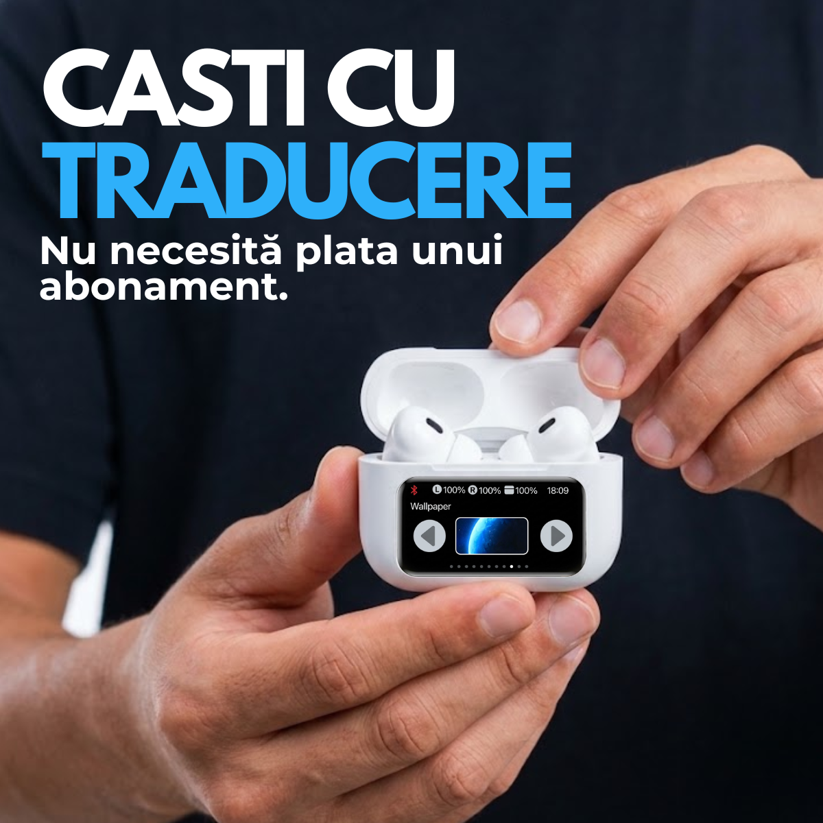 Casti cu Traducator pentru Conversatii in timp real, 151 Limbi Straine, Dialecte, Carcasa incarcare cu Touch Screen, Bluetooth 5.4, Control tactil, A9pro, easyCTRL®