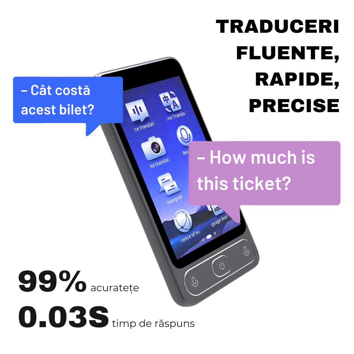 *PRECOMANDA* Traducator cu Inteligenta Artificiala (AI), Ecran tactil 3.97 inch, Traducere vocala, Reportofon, Dictionar, 138 Limbi, easyCTRL®